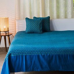 Fabindia Indigo Deepali Blue Checked Cotton Double Bed Cover-picture-9