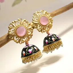 TISHUL JEWELS Gold-Plated Artificial Stones Studded & Beads Beaded Dome Shaped Jhumkas-19