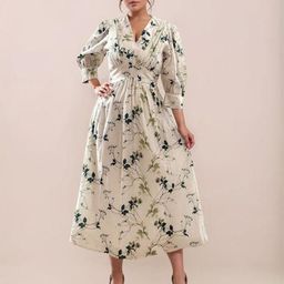 Zink London Multi-Colored Tropical Print 3/4th Sleeves Cotton Fit & Flare Midi Dress-19