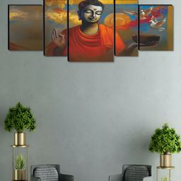 Myntra Elegant Homes Brown & Orange 5 Pieces Buddha Religious Wooden Wall Art-image-0