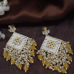 I Jewels Gold-Plated Kundan Studded & Beaded Contemporary Drop Earrings-image-35