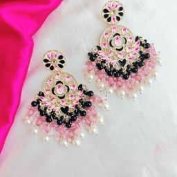 Crunchy Fashion Gold-Plated Kundan Studded & Black Pink Pearls Beaded Chandbali-image-98