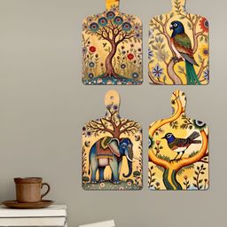 ArtVibes Blue & Yellow 4 Pieces Printed Wooden Wall Hangings-image-12