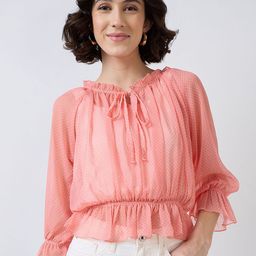 SZN Tie-Up NeckPolka Dot Printed Bell Sleeve Cinched Waist Top-image-22