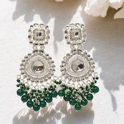 MEIRA JEWELLERY Silver Plated Kundan Stones Studded & Pearls Beaded Teardrop Drop Earrings-2