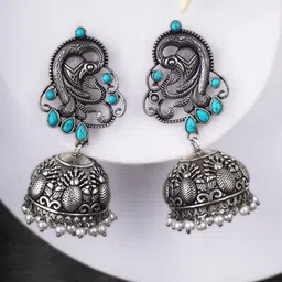Adwitiya Silver-Plated Artificial Stones Studded And Beaded Oxidised Dome Shaped Jhumkas-9