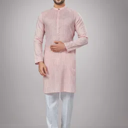 JUGG JUGG JEEYO Striped Pure Cotton Mandarin Collar Straight Kurta & Pyjamas-picture-5