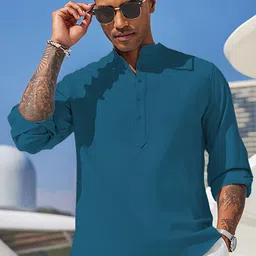 Anouk Green Long Roll-Up Sleeves Cotton Kurta-picture-26