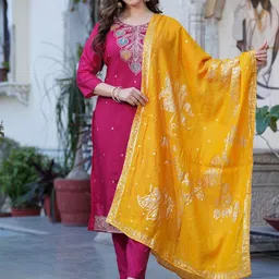 HETVI CREATION Floral Embroidered Round Neck Zari Straight Kurta With Trousers & Dupatta-24