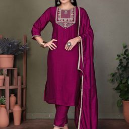 SUNDARNAARI Floral Embroidered Boat Neck Straight Kurta With Trousers And Dupatta-image-67