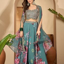 Sangria Floral Embroidered Satin Zari Lehenga & Choli With Shrug-image-19