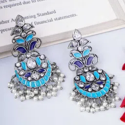 Adwitiya Collection Oxidised Silver-Plated Stones and Bead Studded Classic Drop Earrings-picture-13