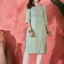 Sangria Floral Embroidered Notch Neck Sequinned Straight Kurta-image-17