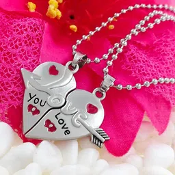 Saizen Unisex Set Of 2 Stainless Steel Rhodium-Plated Heart Shaped Pendants with Chains-image-49