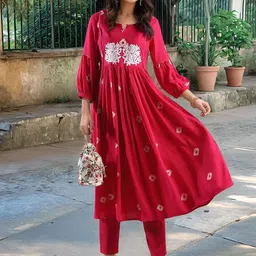 GoSriKi Bandhani Printed Pleated Thread Work A-Line Kurta With Trouser-2