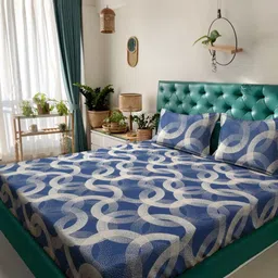 HOSTA HOMES Blue & Beige Geometric Printed 280 TC Queen Bedsheet Set 2.28 m X 2.54 m-21