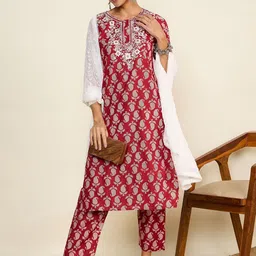 WineRed Paisley Printed Pure Cotton Kurta With Trousers & Dupatta-26