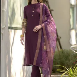 ZIRVI Women Wine Solid Straight Kurta Set with Printed Organza Dupatta-28
