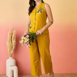 Sangria Mustard And Green Embroidered V-Neck Pure Cotton Top & Trousers image 3