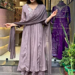 KALINI Floral Yoke Design V-Neck Sequinned Pleated A-Line Kurta With Palazzos & Dupatta-28