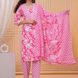 JC4U Women Floral Printed Pure Cotton Kurta with Pyjama & Dupatta-image-98