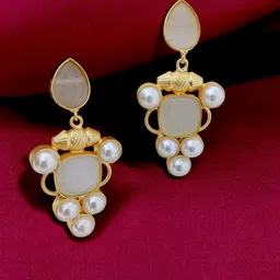 TISHUL JEWELS Gold-Plated Artificial Stones Studded & Beaded Classic ShapedDrop Earrings-49