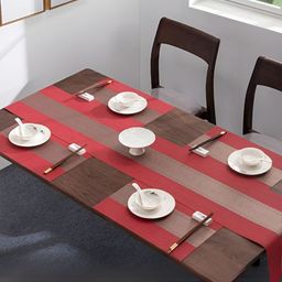 YELONA Red & Beige 5 Pieces Striped Waterproof Anti Slip Table Placemats With Runner-22