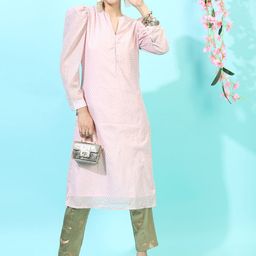 Vishudh Pink Floral Printed Mandarin Collar Puff Sleeves Straight Kurta-image-50