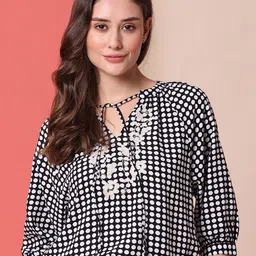 Chemistry Women Tic Tac Dot Printed Tie Up Neck Top-picture-30