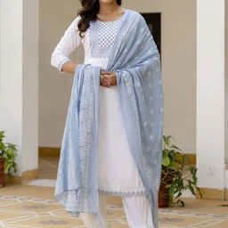 zinzraa Women Ethnic Motifs Embroidered Regular Thread Work Chanderi Silk Kurta with Trousers & With Dupatta-42