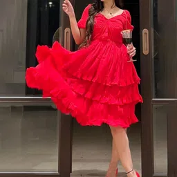 HOUSE OF JAMOTI Women Cherry Red Ruffle Dress-picture-16