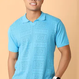 V-Mart Men Geometric Printed Polo Collar Cotton T-shirt-image-8