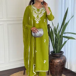 KALINI Floral Embroidered Chikankari Pure Cotton Kurta With Trousers And Dupatta-image-24
