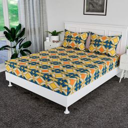 Aura Green & Yellow Geometric 144 TC Bedsheet with 2 Pillow Covers-picture-3