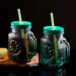 Aura Green & Transparent 2 Pieces Mason Jar With Metal Lid & Straw 480 ml Each-32