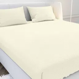 mayfair homes london Cream Solid 210 TC Cotton Queen Sized Double Bedsheet with 2 Pillow Covers Satin Stripe 2024 Collection-picture-29