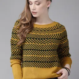 The Roadster Lifestyle Co Women Mustard Yellow & Teal Green Self Design Pullover Sweater-37