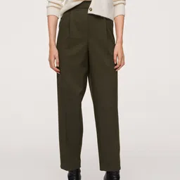 MANGO Women Olive Green Solid Pleated Trousers-image-59
