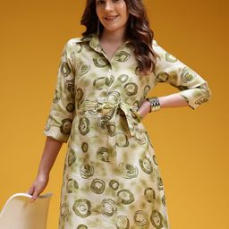 HERE&NOW Geometric Print Belted Knee Length A-Line Dress-image-40