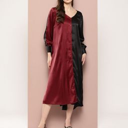 Qurvii Colourblocked Satin A-Line Midi Dress-image-57