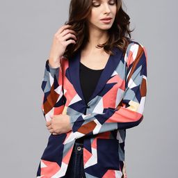 Athena Women Navy Blue & Peach-Coloured Single-Breasted Printed Blazer-picture-56
