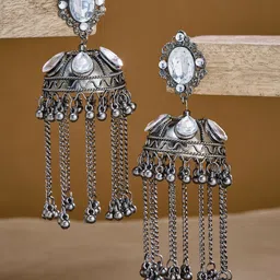 ATIBELLE Silver-Plated Stone Studded Dome Shaped Jhumkas-66