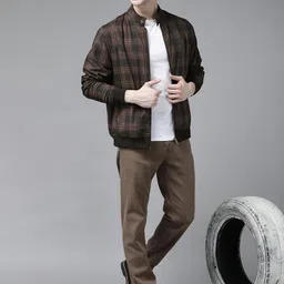 Roadster Men Coffee Brown & Mauve Checked Reversible Tailored Jacket image 2