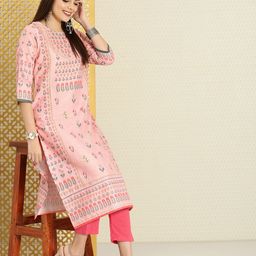 House of Pataudi Women Pink & Green Floral Printed Rozana Kurta-30