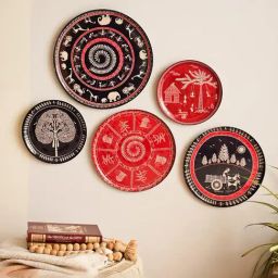 RITUALISTIC Multicolor Iron Printed Warli Wall Plates - Set of 5-2