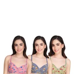 AROUSY Pink & Green Cotton Printed T-Shirt Bras - Pack Of 3-image-83