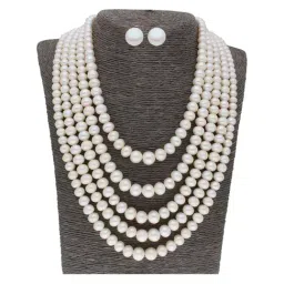 Sri Jagdamba Pearls 5 Line Pearl White Alloy Necklace Set-image-29