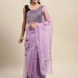 Blissta Lavender Floral Print Saree With Unstitched Blouse-image-25
