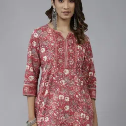 Rain and Rainbow Rose Pink Floral Print Cotton Kurti-image-3