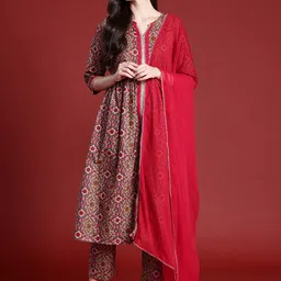 Anouk Floral Print High Slit Kurta with Trousers & Dupatta image 1